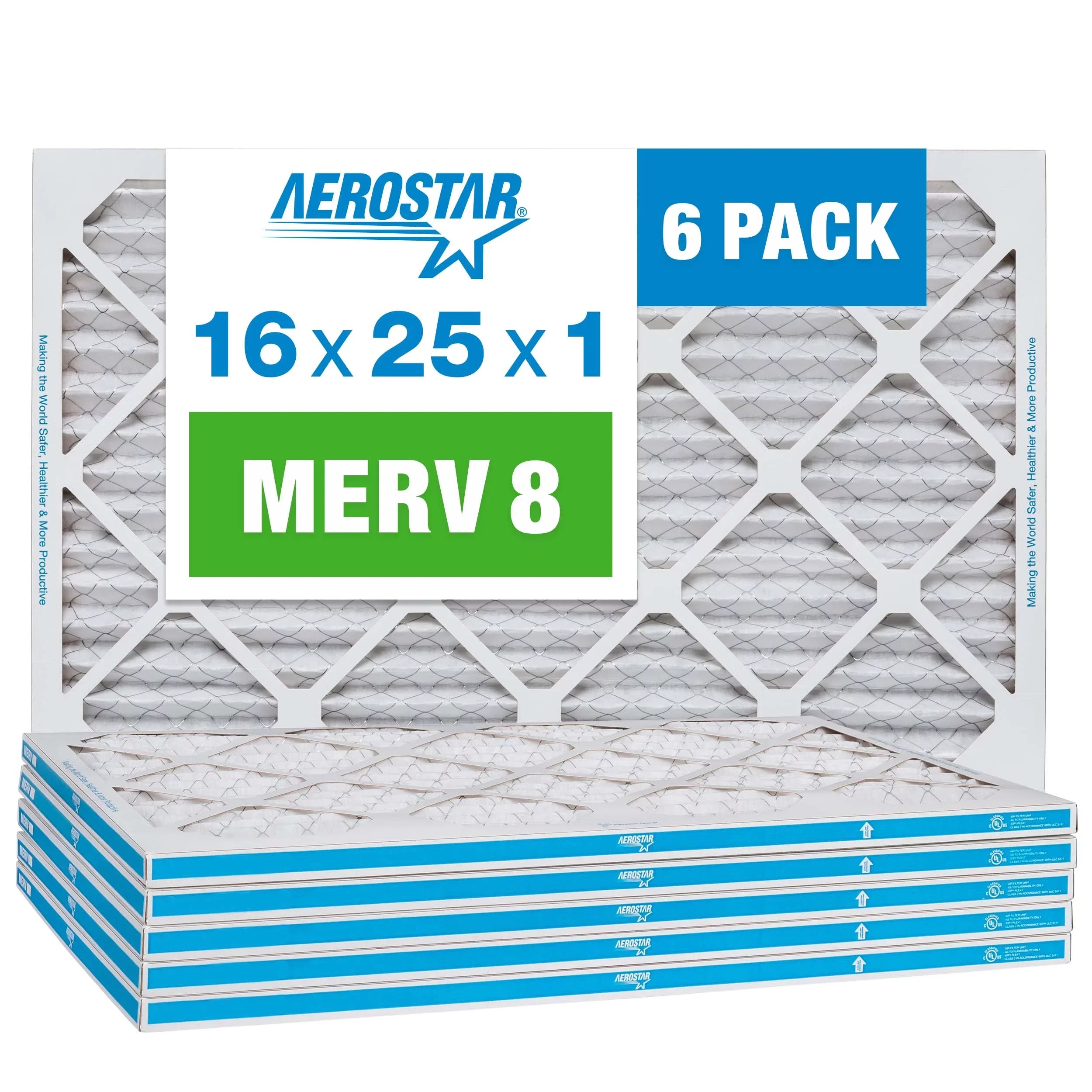 16x25x1 Air Air 6 AC Furnace Filter, Pack 8 MERV Filter, Aerostar Pleated
