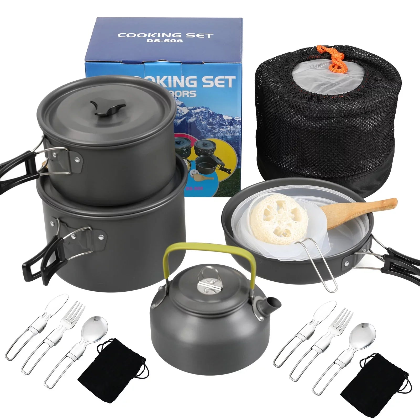 Pot Kit Cookware Anself Set and with Mess and Pan Camping Stick Backpacking Kettle Non Cooking for