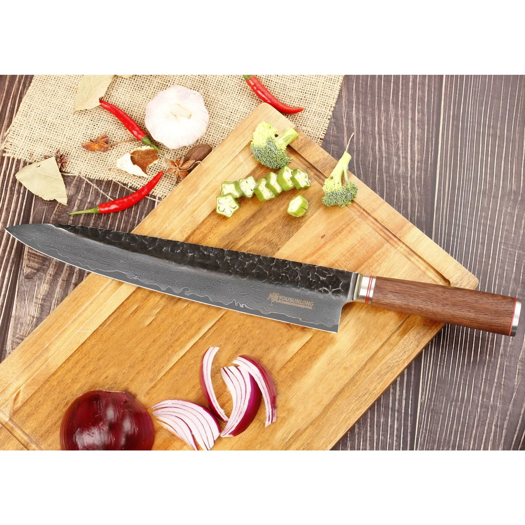 Knife Leather Natural Sheath Pro Wooden Gyuto YOUSUNLONG Damascus 12 Steel with Walnut inch Handle Chef - Japanese Hammered