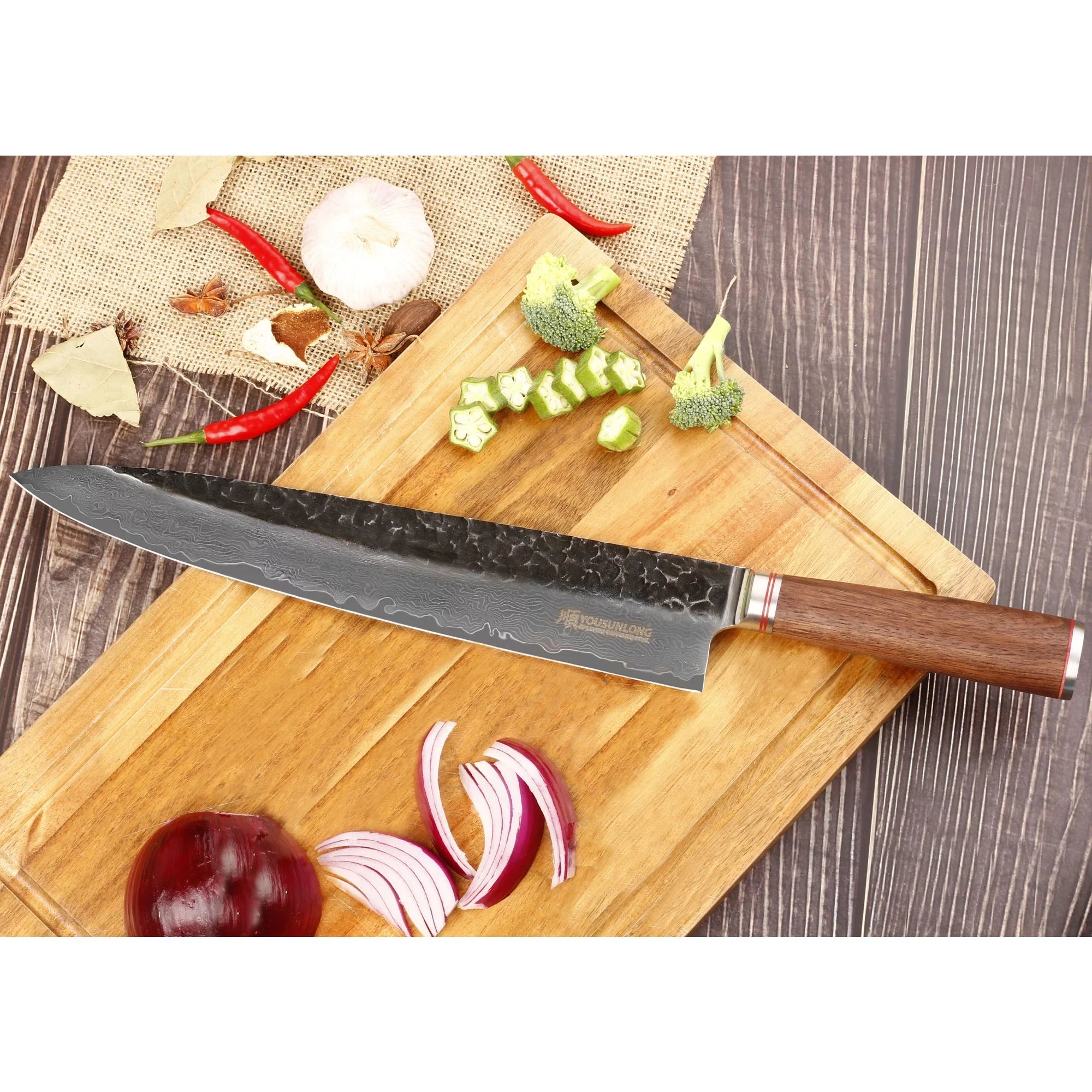 Knife Leather Natural Sheath Pro Wooden Gyuto YOUSUNLONG Damascus 12 Steel with Walnut inch Handle Chef - Japanese Hammered