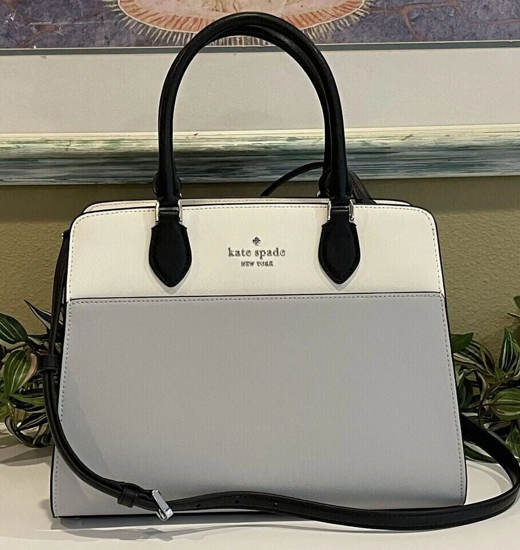 Satchel Purse Colorblock Grey Bag Spade Platinum Medium Madison Kate KC621 Leather