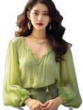 Mambo Chiffon Spring French V-Neck Blouse. Fashionable With Underneath. Top Shirt Mint Style Women'S Style