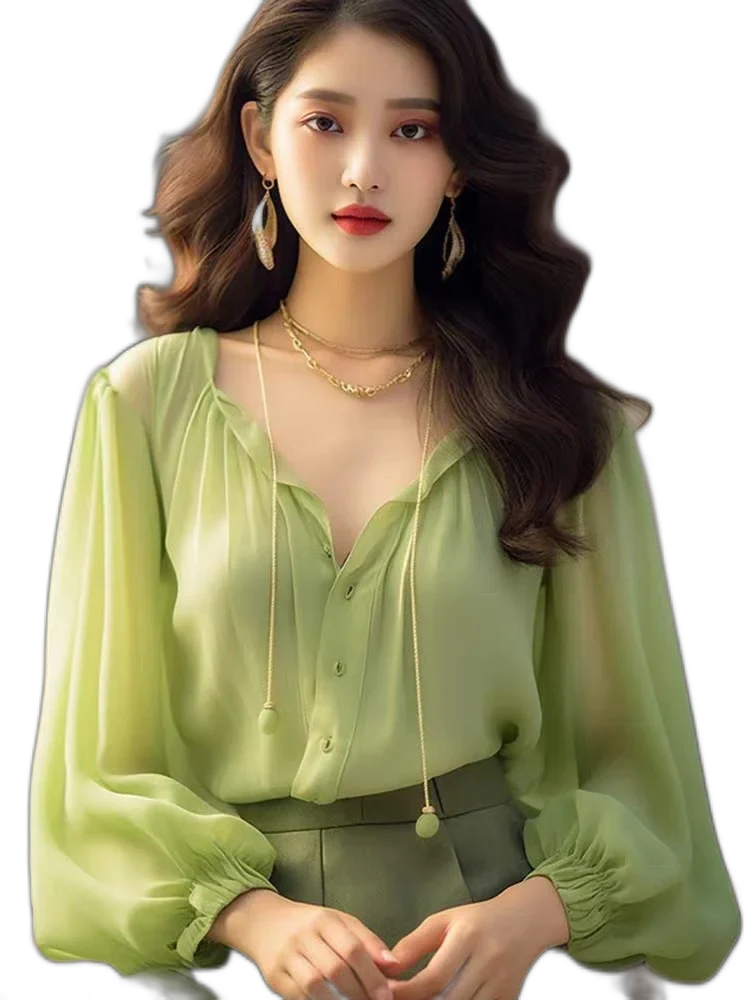 Mambo Chiffon Spring French V-Neck Blouse. Fashionable With Underneath. Top Shirt Mint Style Women'S Style