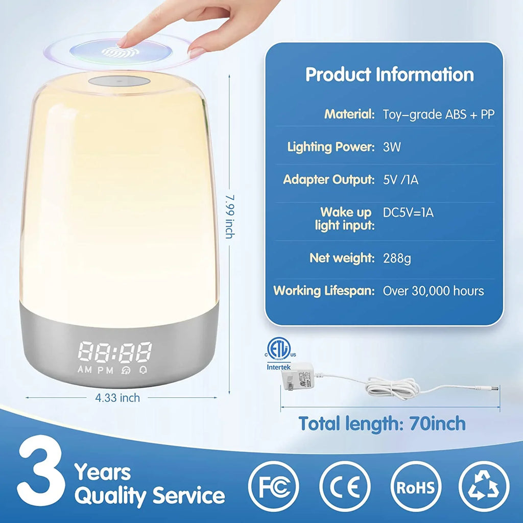 Sleepers Night Sleep Aid, Sunrise RGB Clock Bedside Wake for Kid Bedroom Lights, Sun Dimmable Light Alarm Sound Light Timer Snooze Alarms, Simulation Up Nursery Natural 7 Heavy Lamp Adults, 7