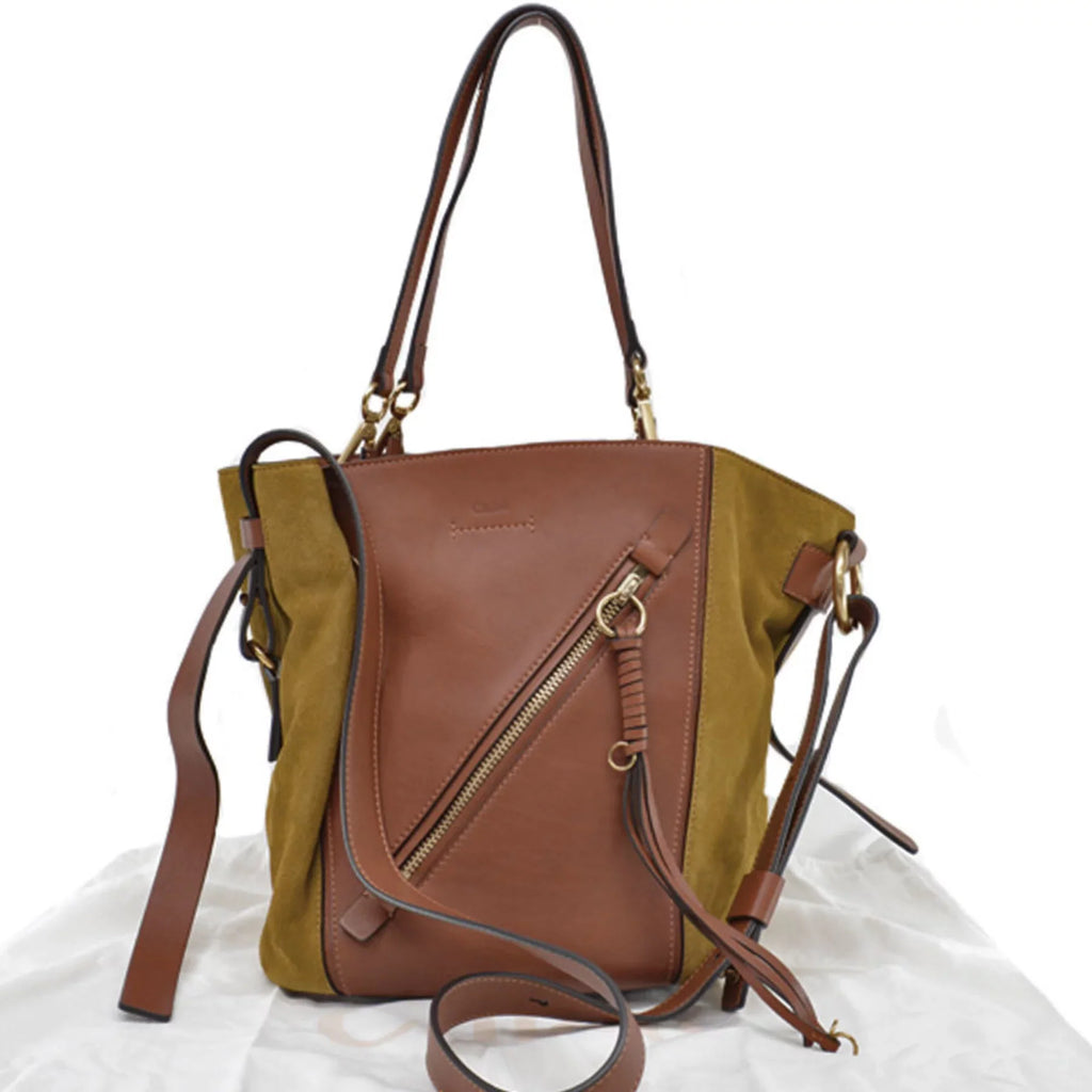 Khaki Gold Brown Shoulder Bag 2Way Chloe Pre-Owned Suede Ladies Leather (Good) Chloé