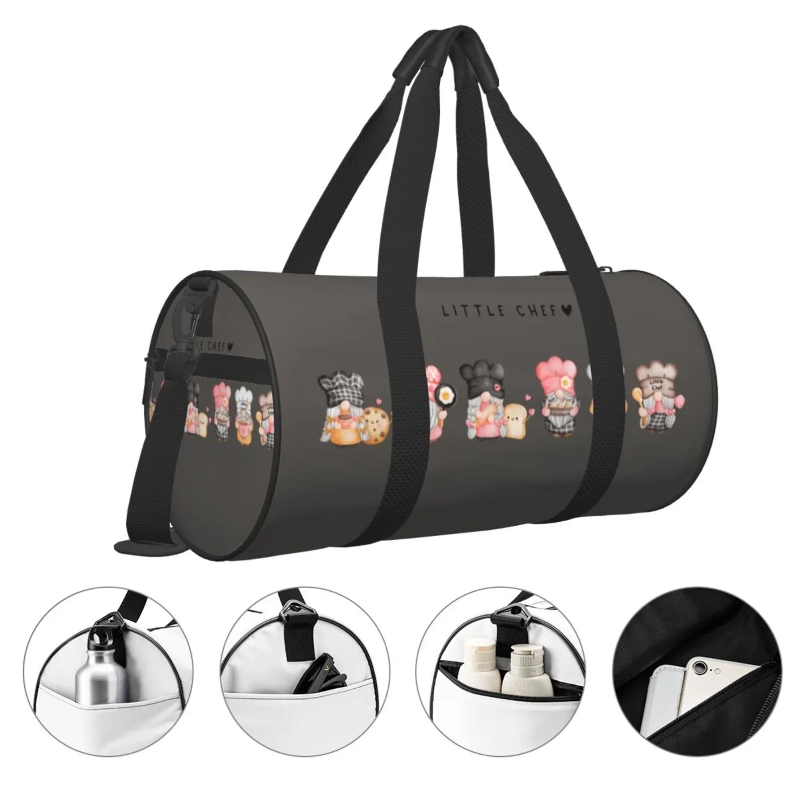 Sports Travel Bag Cylinder Baker Luggage Bag Compartment Pocket Capacity Bag Waterproof with Gnome and Coaee Large Gym