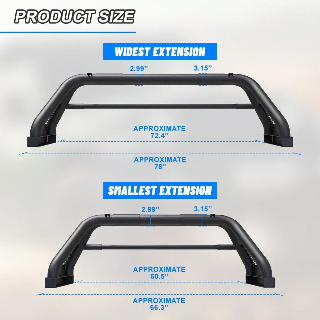 2019-2023 For 62.9-74.7" Truck Bed Bar Ranger Ford Fit Rack Adjustable Sport Chase Roll Bar