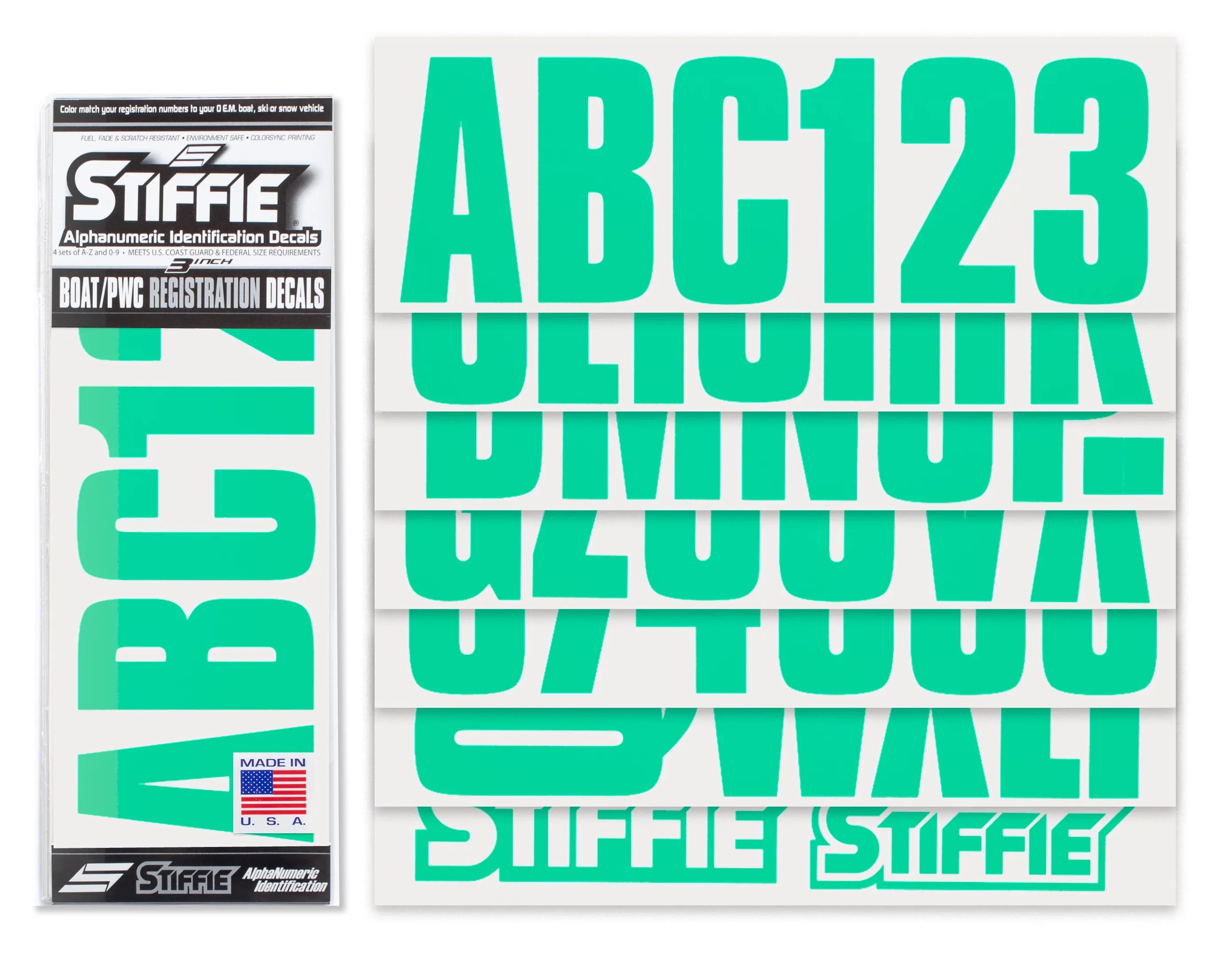 SeaFoam for STIFFIE Identification Numbers Personal Uniline Alpha-Numeric 3" Marine Custom Decals & Stickers Watercraft Boats & PWC Green Kit Letters Registration