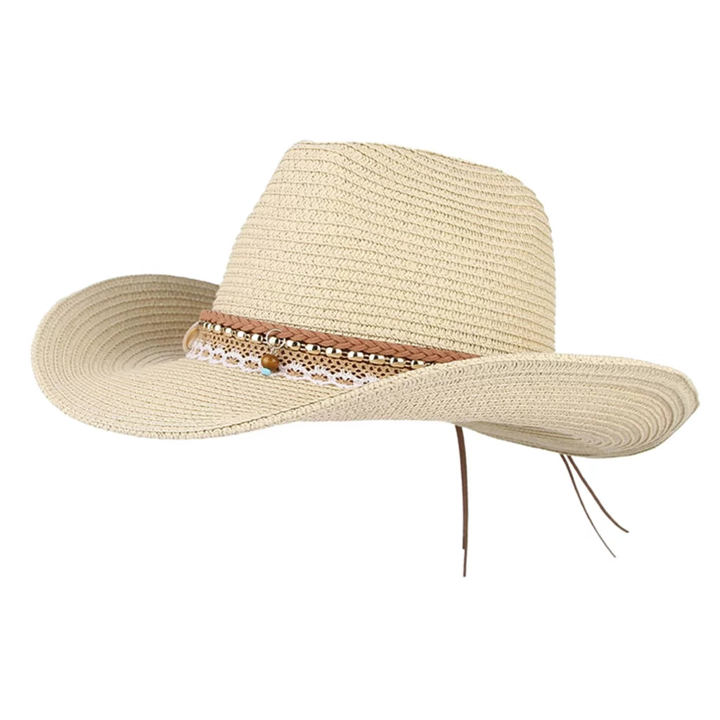 Cowboy Straw Packable Trilby Big Sun Brim Style Floppy Western Hat Women Beige