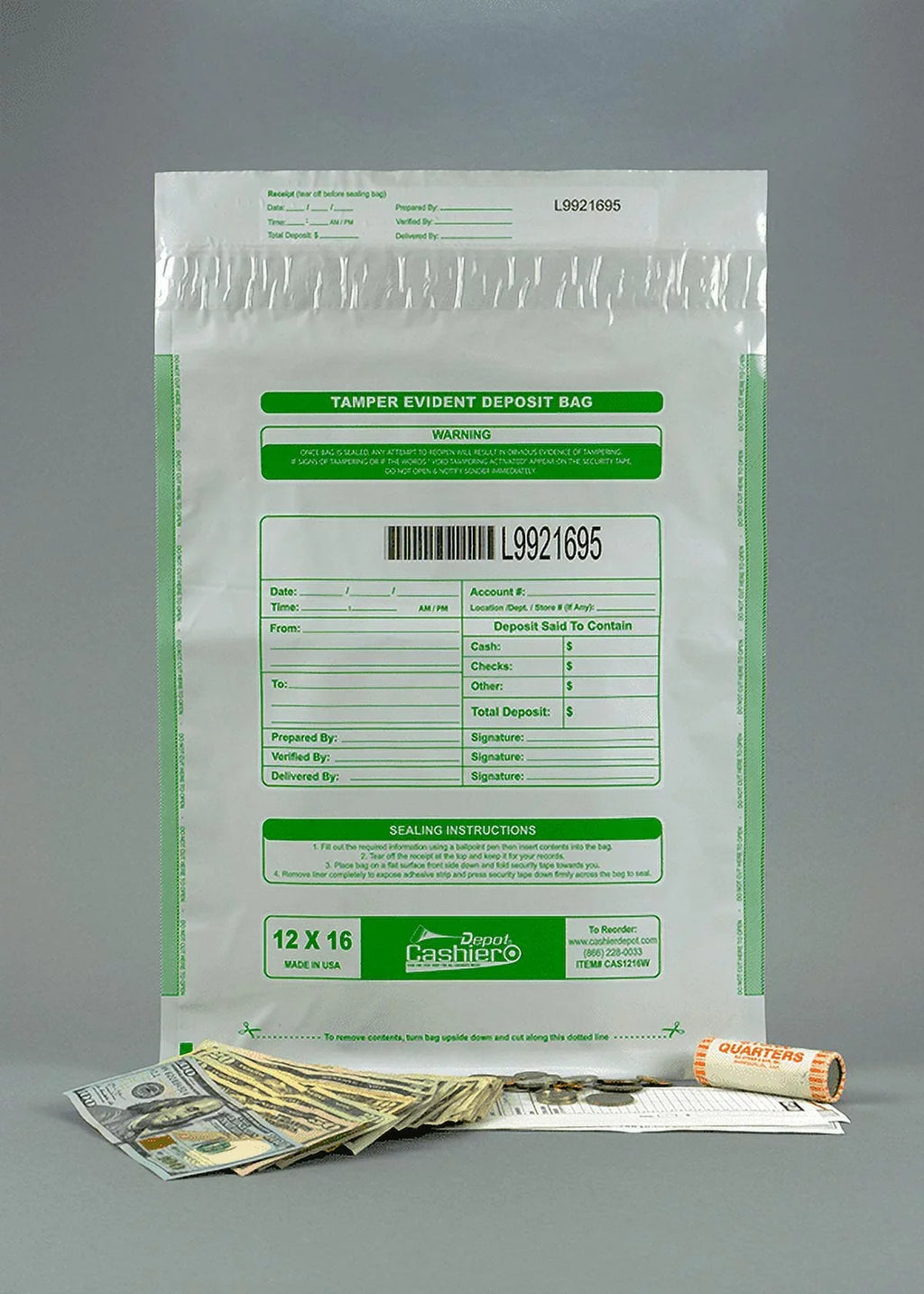 Tamper Bags, x (100 Press Numbering, Tape 12" & White, Deposit 16" Cashier Seal Bags) Depot Closure Serialized Void Evident Barcode,