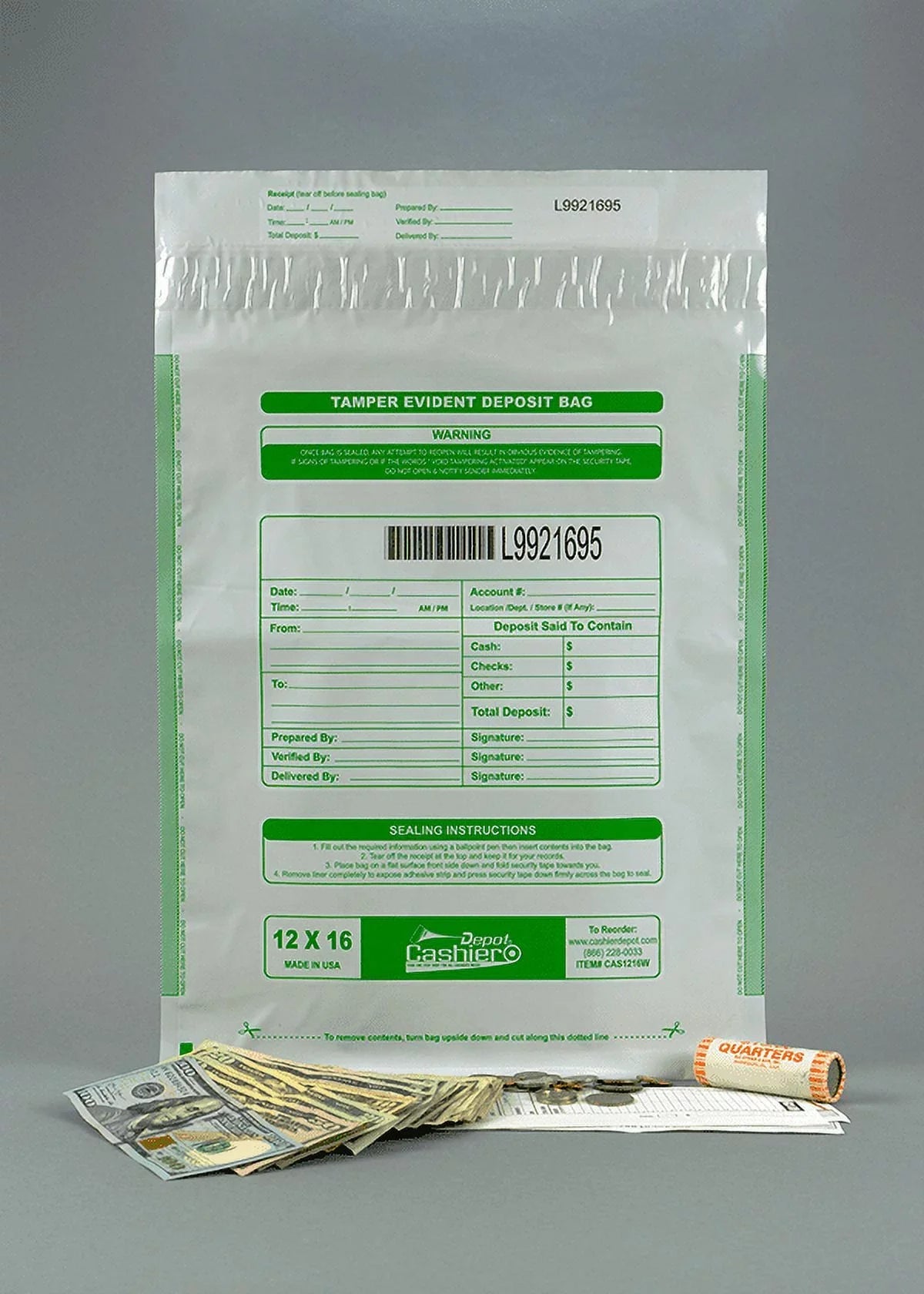 Tamper Bags, x (100 Press Numbering, Tape 12" & White, Deposit 16" Cashier Seal Bags) Depot Closure Serialized Void Evident Barcode,