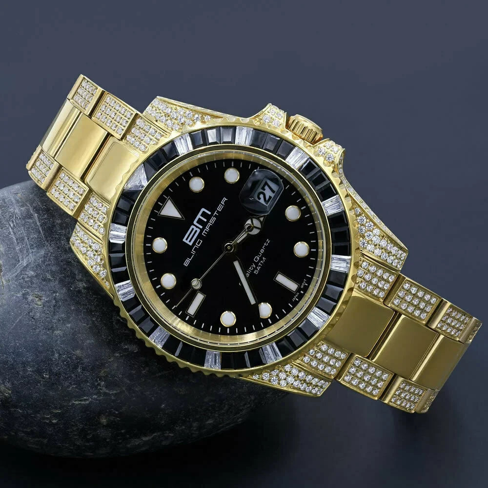 40mm Solid Yellow Presidential Gold Diamond Stainless Watch Steel 18k Simulated Mens