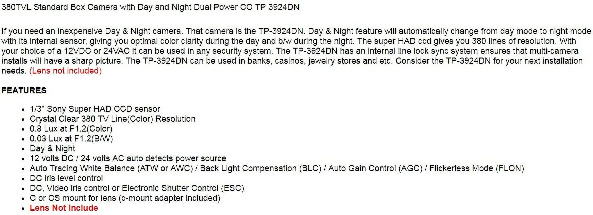 TP 3924DN Day (Lens CCTV and Standard CO with Security Included) Power 380TVL Night Box Not Camera Dual