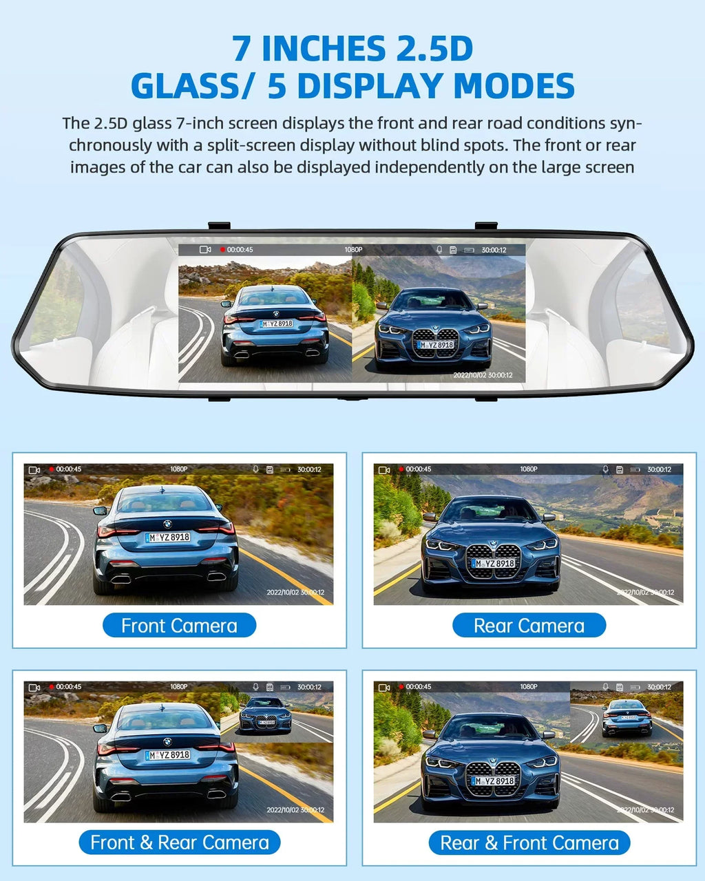 with Assistance Backup Camera Camera Motion Mirror FHD Cam Waterproof Mirror 7" 1080P Camera Detection TOGUARD Touchscreen Dual View Parking Car and Rear Front Dash Rear