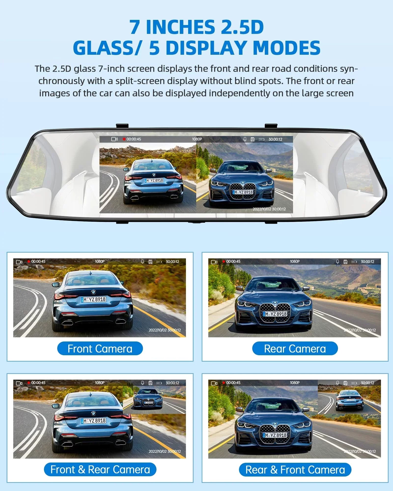 with Assistance Backup Camera Camera Motion Mirror FHD Cam Waterproof Mirror 7" 1080P Camera Detection TOGUARD Touchscreen Dual View Parking Car and Rear Front Dash Rear