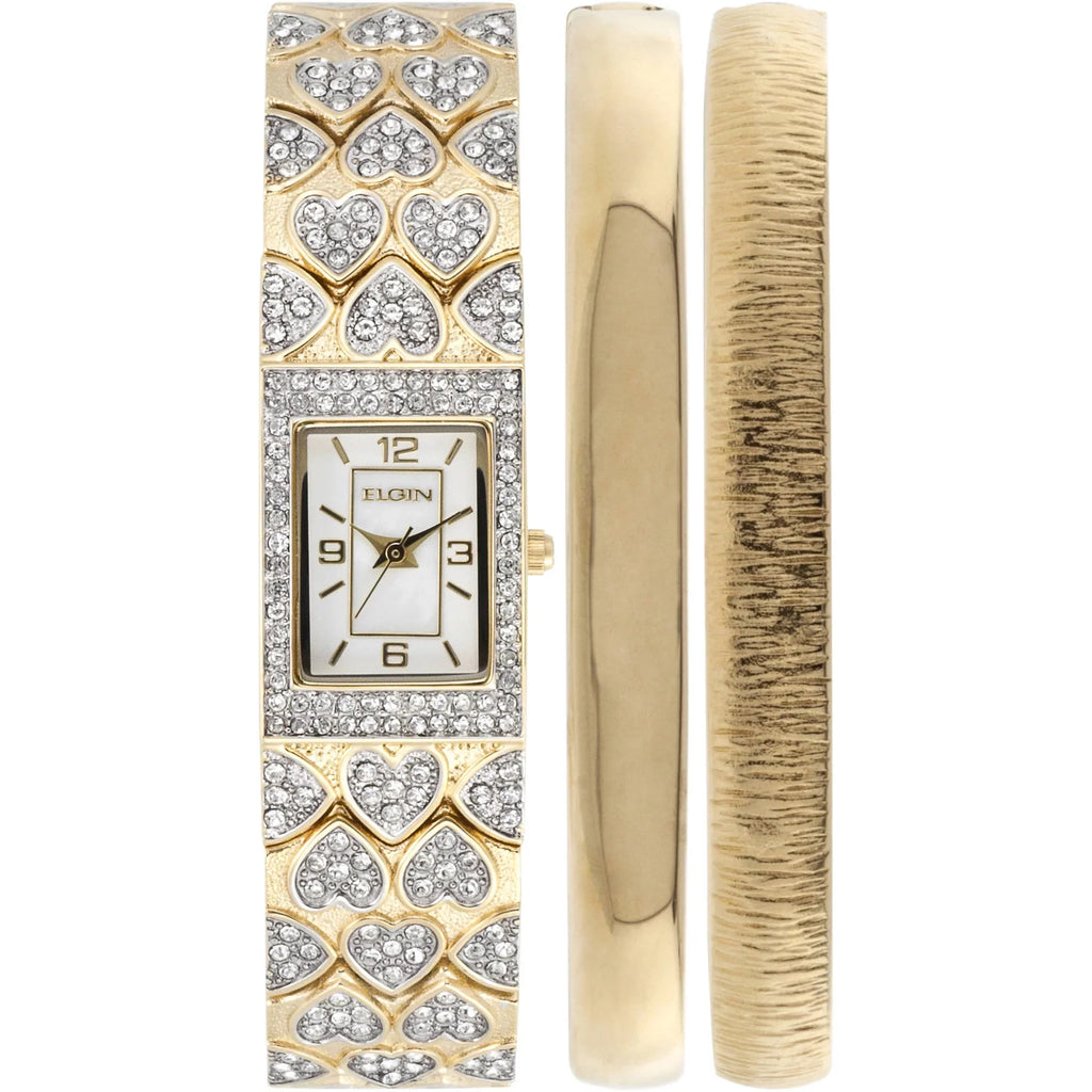 Crystal Adult MOP Set Elgin White Gold-Tone Bangle Double (EG8012ST) Round Watch Female