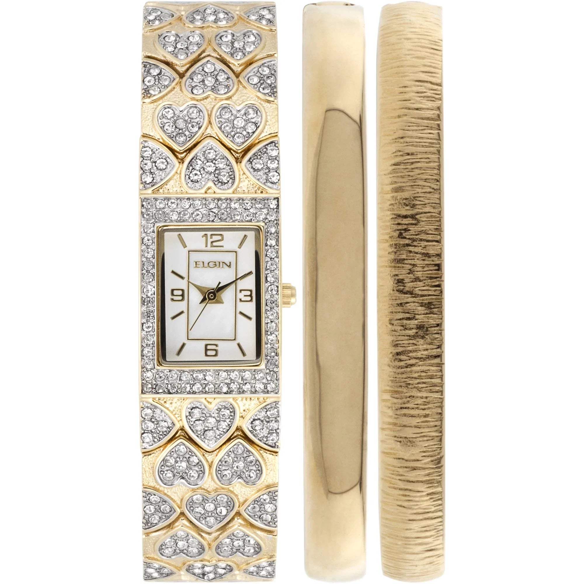 Crystal Adult MOP Set Elgin White Gold-Tone Bangle Double (EG8012ST) Round Watch Female