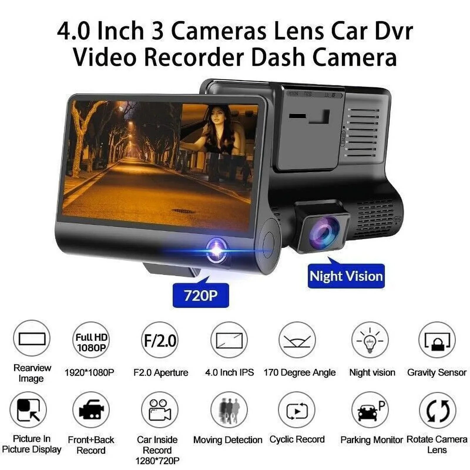and Lens Detection Front/Rear/Built-In Dual Camera Driving Cam 4" Motion Dash DVR HD G-Sensor, 1080P Car Monitoring TASHHAR Video Parking Recorder
