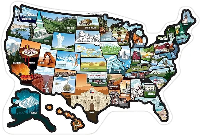 Sticker See Map, Travel Many State Places 50 RV Decals, 19x13" Trailer States