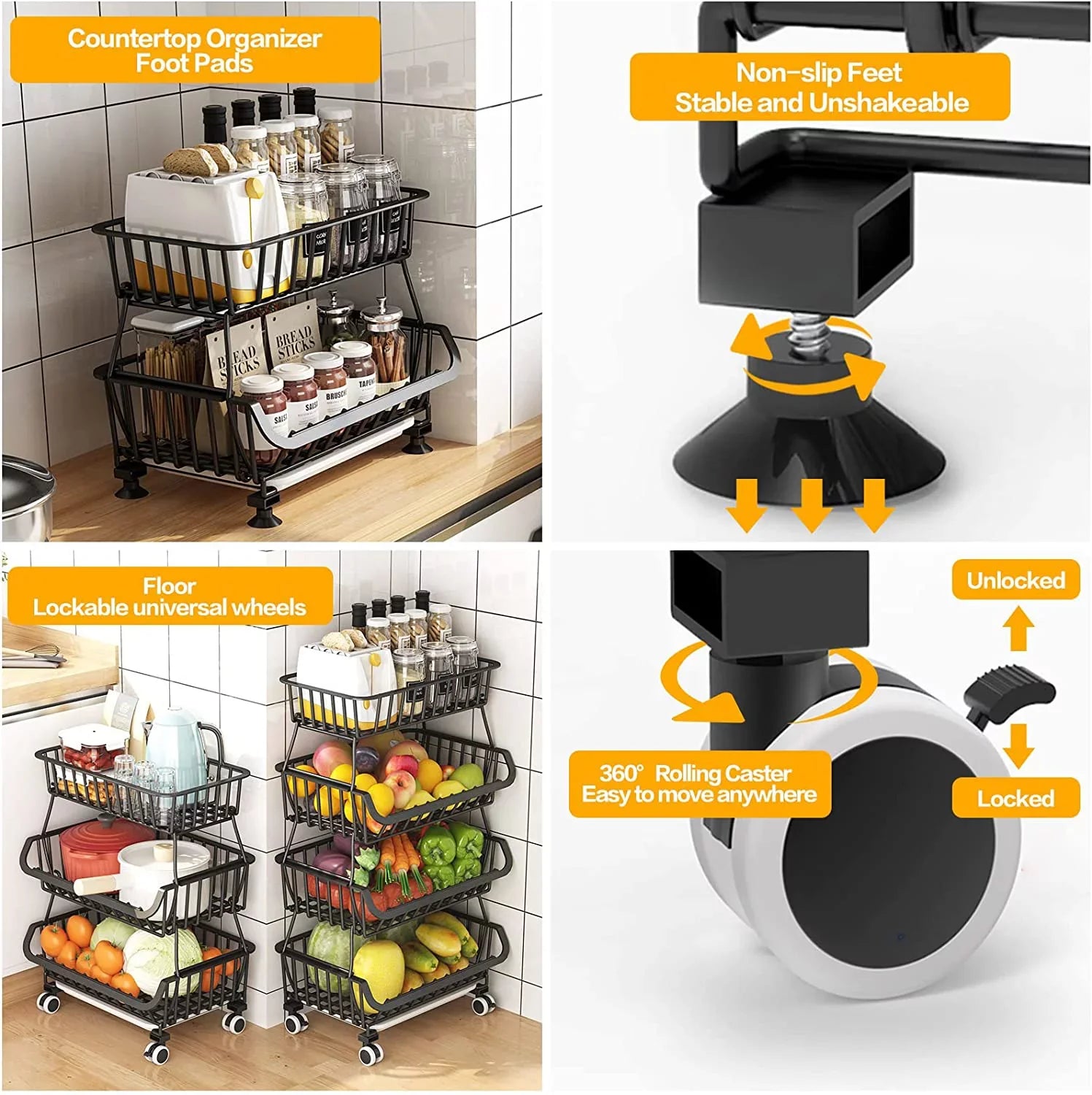 Stackable Storage Basket 4-Tier Vegetable Fruit Pantry,Bathroom, for Garage LEZZYRUCK Black Car Basket