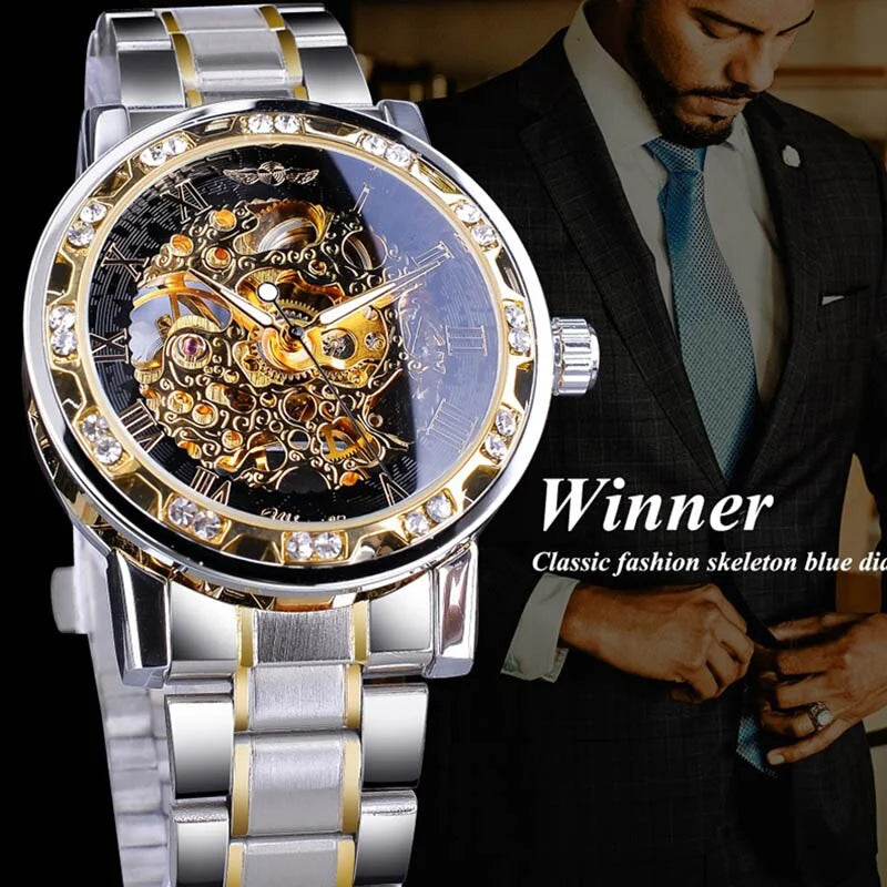 Men Luxury Gear Silver Gift Movement White 1pc Wrist Skeleton Diamond Mechanical Business Exquisite Gold Watch