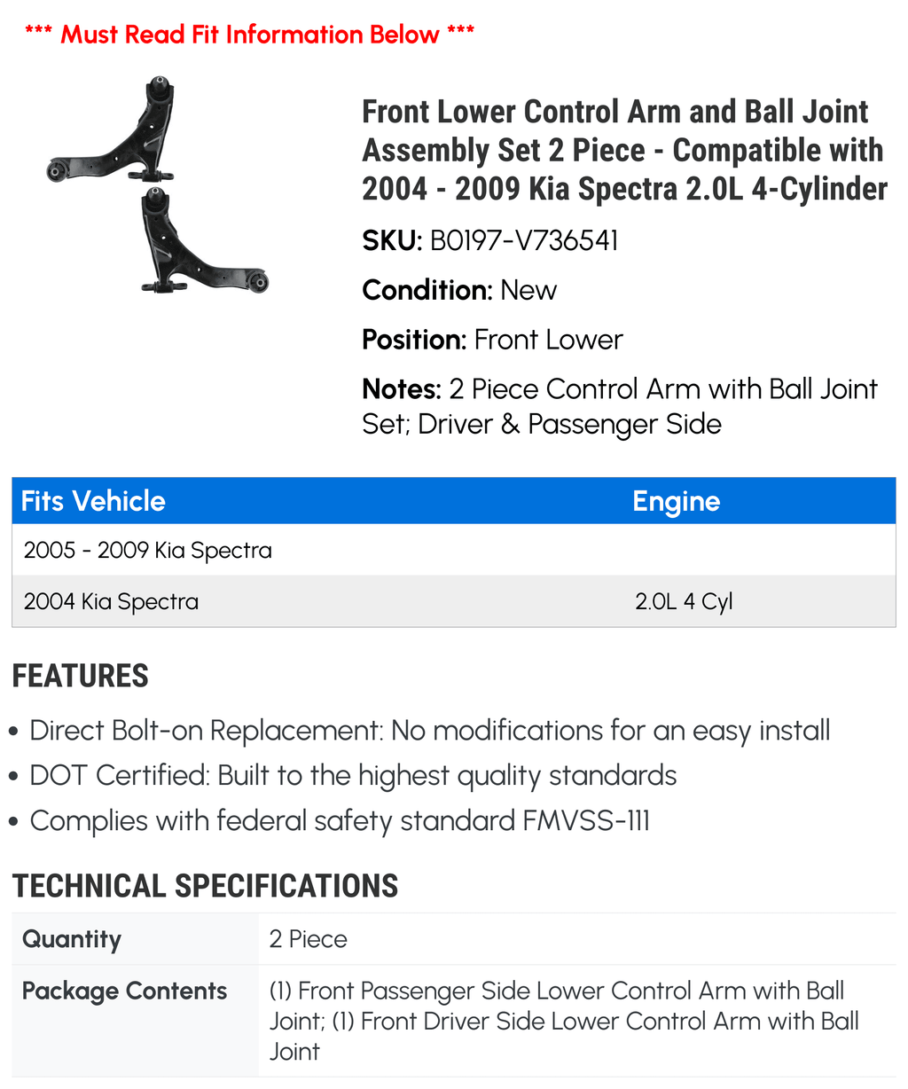 Spectra - 2007 2.0L Kia 2004 Ball Control 4-Cylinder with Arm 2006 Set 2 Front Lower - Piece 2009 2008 Compatible Joint Assembly and 2005