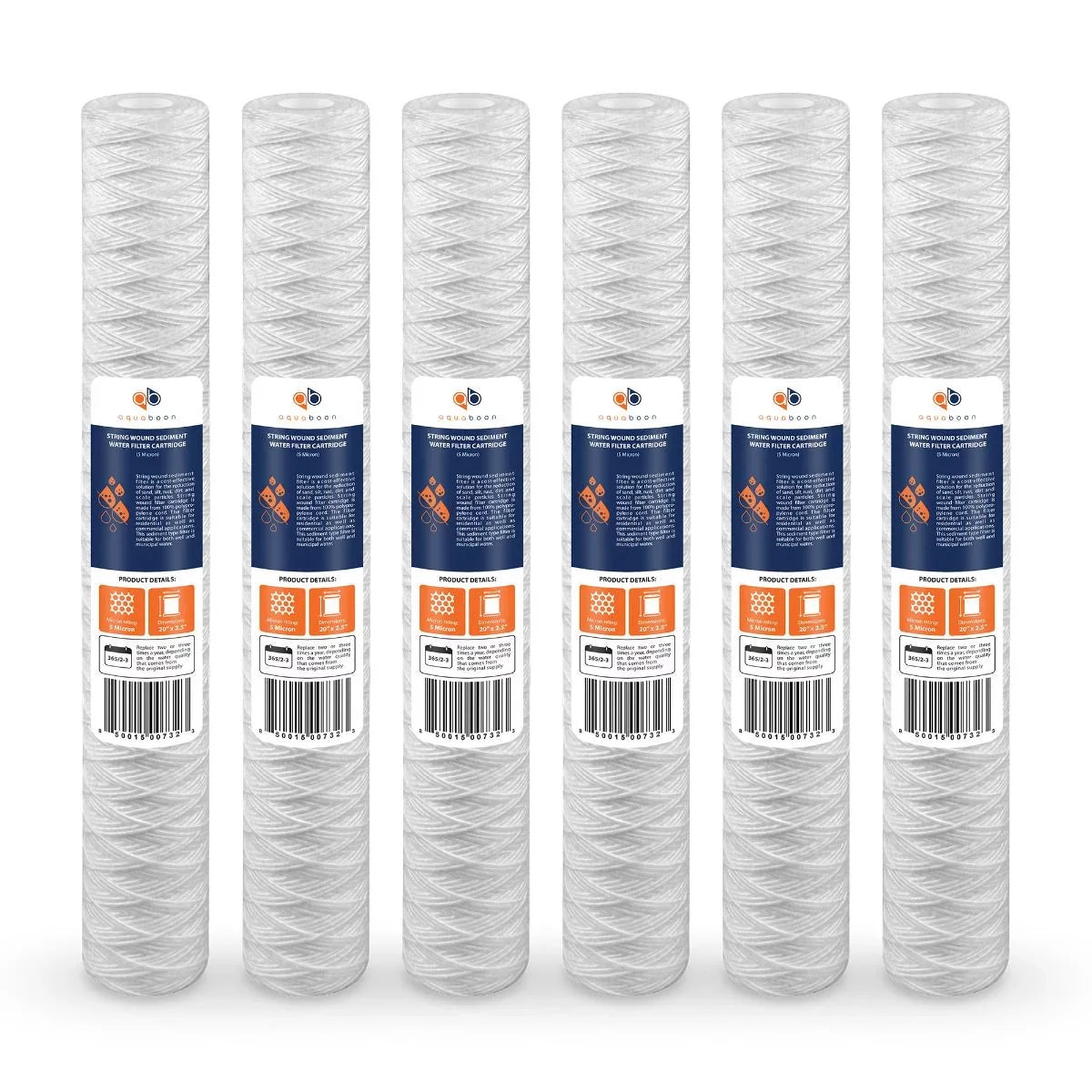 Cartridge 20 | 2.5" 5 inch PD-5-20, Water RO | Micron 6-Pack Unit 20" x AP110-2C, Universal Wound Any Replacement Filter for String Sediment 101-230, Compatible Aquaboon P5-20, CFS124-C20, with