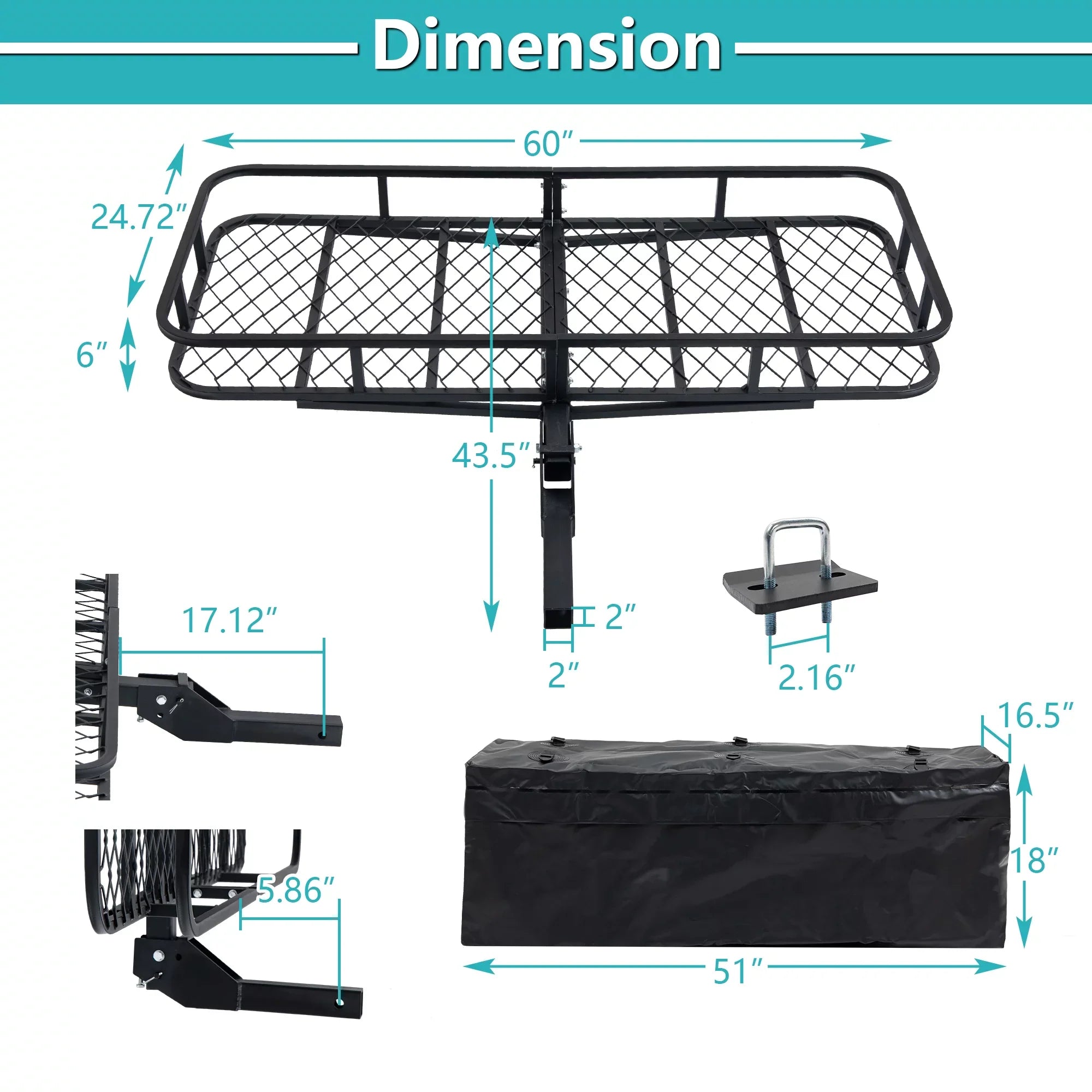 SUV Cargo 500 for 24" Folding Capacity Mounted a Hitched with 60" Black Car Truck Trailer, Basket x 6" lb x