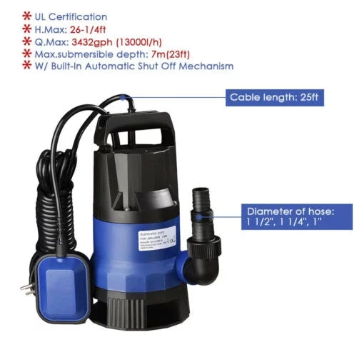 Swim 750W Pool 1HP Sump Clean Dirty Pump For Water Submersible Pond