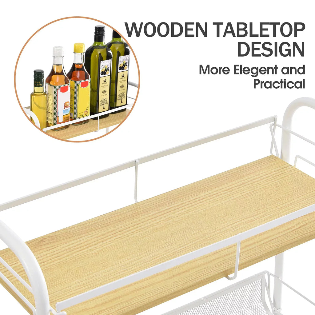 KINGRACK Tabletop Wooden KK Carts Mesh Kitchen with Rolling Cart, School Utility Storage 4-Tier White for Bathroom,