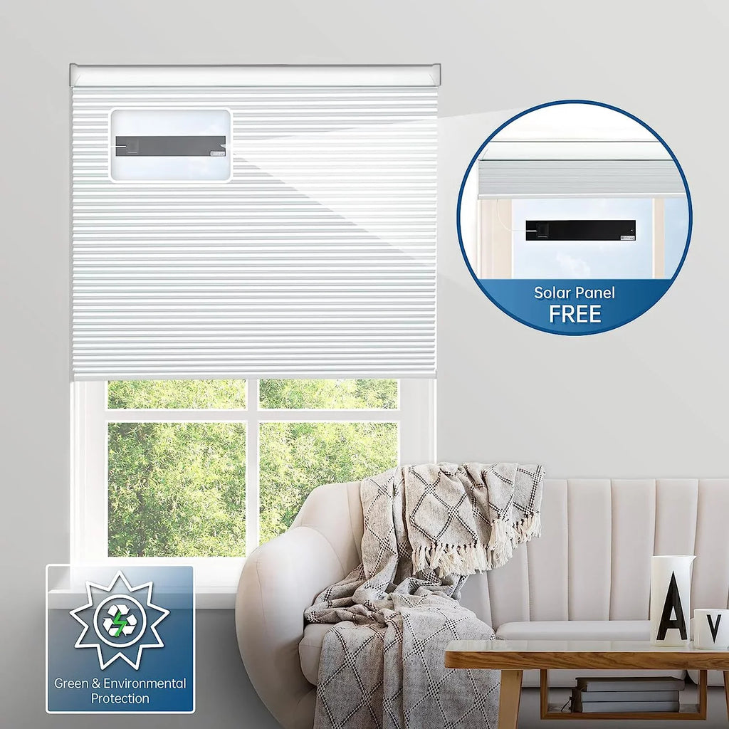 Google【Free White Solar Blackout Wx64 Solar Cordless Rechargeable Automatic Blinds, with H, Remote, Panel】 Blinds with Motorized Magnetic Honeycomb Electric Shades 29" Alexa 100% Cellular Powered