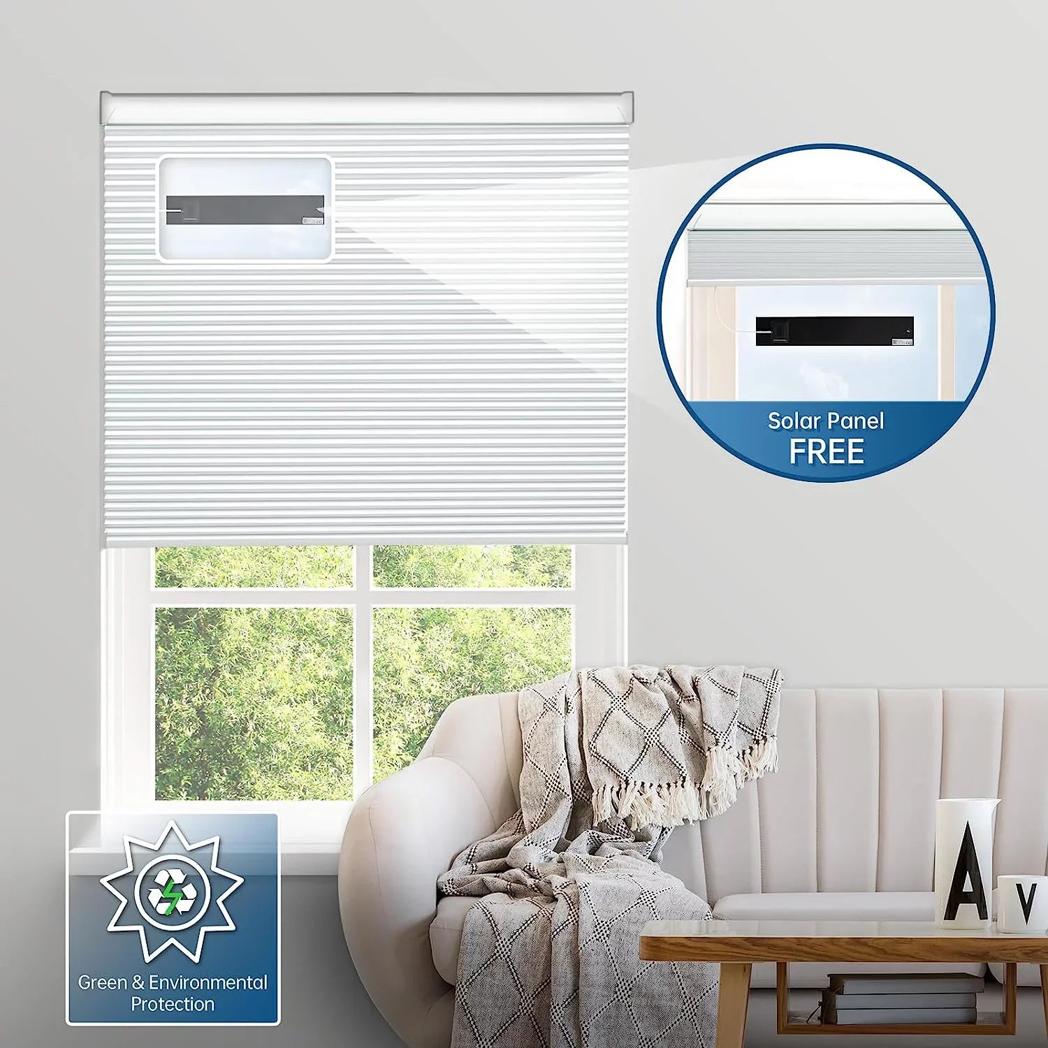 Google【Free White Solar Blackout Wx64 Solar Cordless Rechargeable Automatic Blinds, with H, Remote, Panel】 Blinds with Motorized Magnetic Honeycomb Electric Shades 29" Alexa 100% Cellular Powered