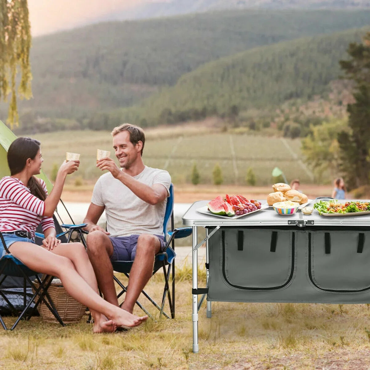 Grey Camping and with Height Adjustable Folding Organizer Aluminum Table Frame Storage