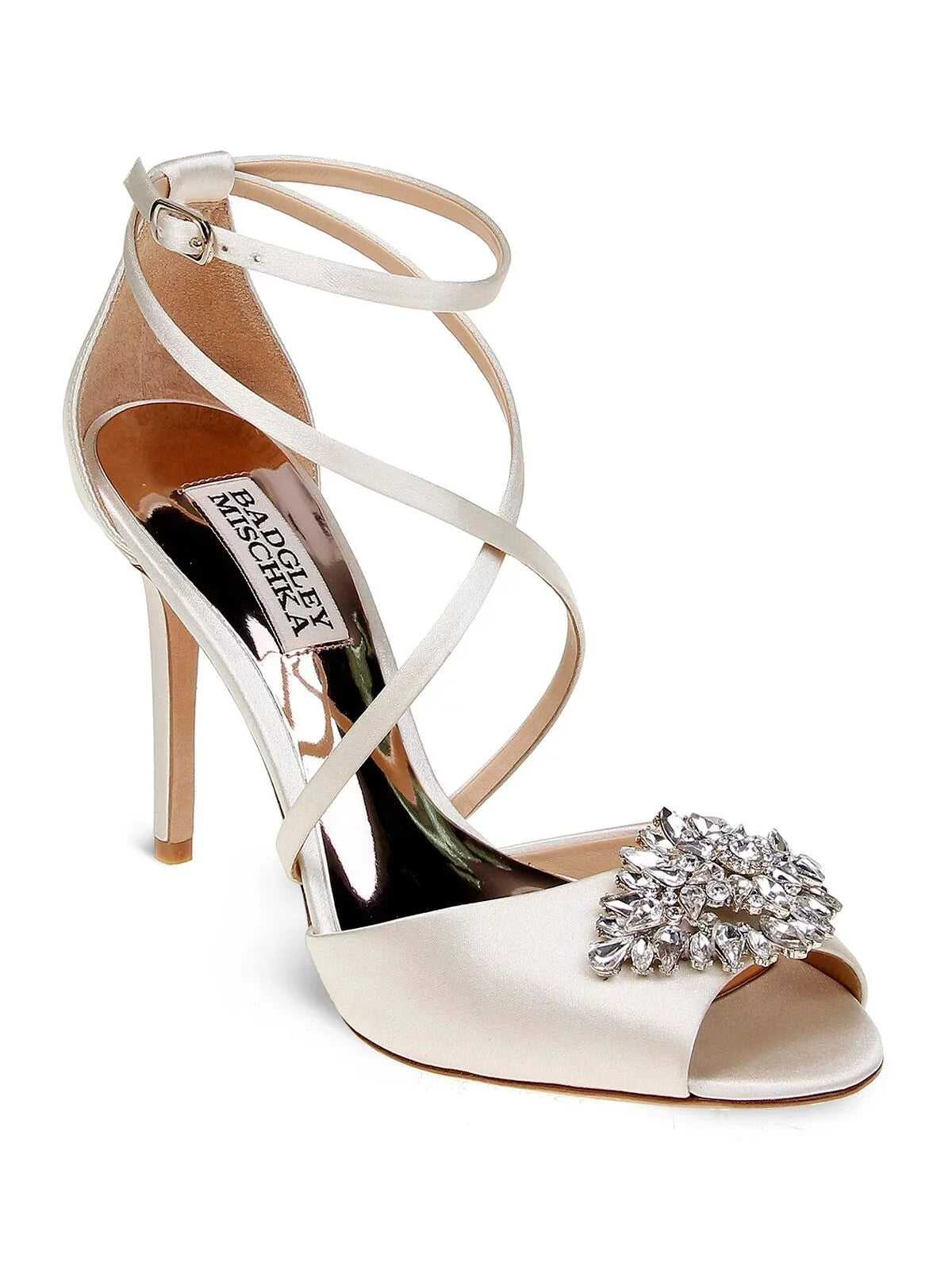 Tatum Dustbag Open Buckle BADGLEY Sandal Satin Toe Gladiator Strap Womens Heeled Ankle Footbed Dress Beige 10 MISCHKA Cushioned Ivory Embellished Stiletto