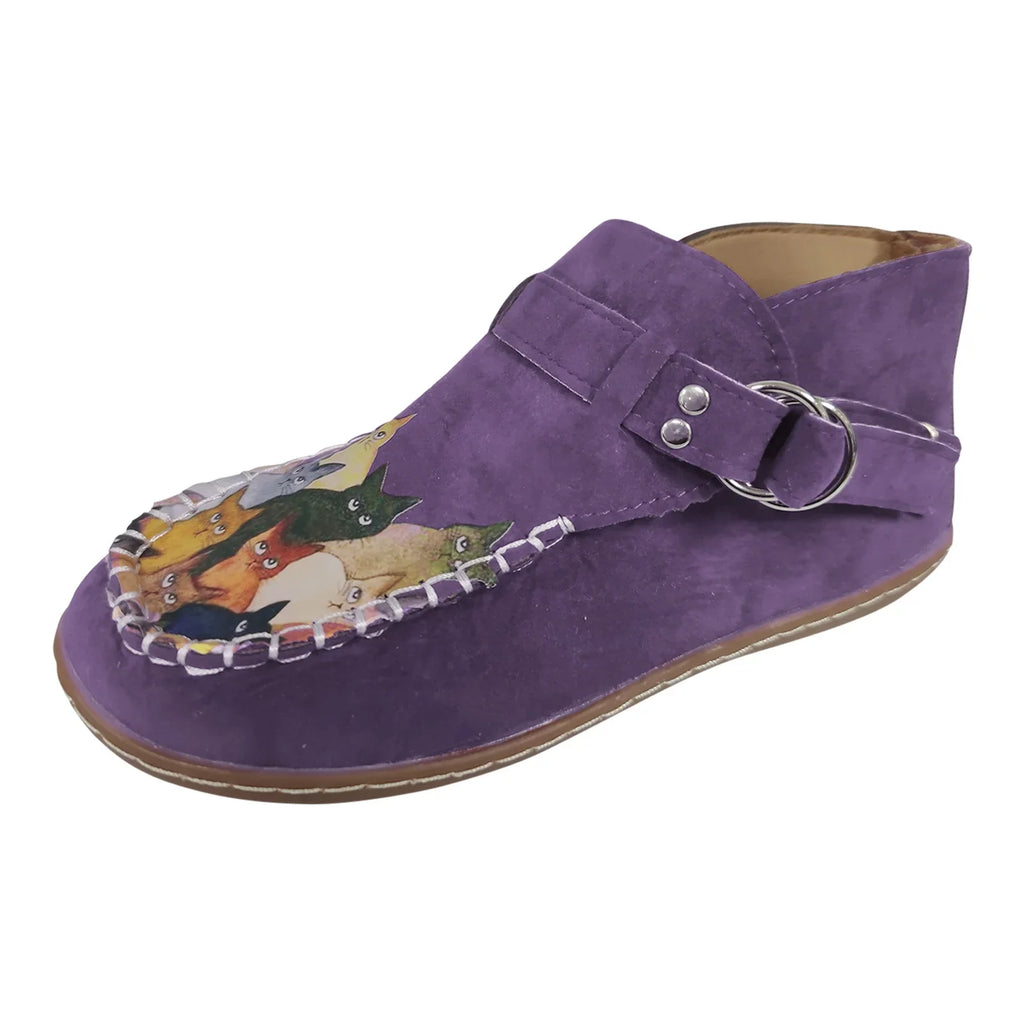 Printed Comfort Leather Button Cat Female Ankle Flat Cartoon Boots Casual women's boots