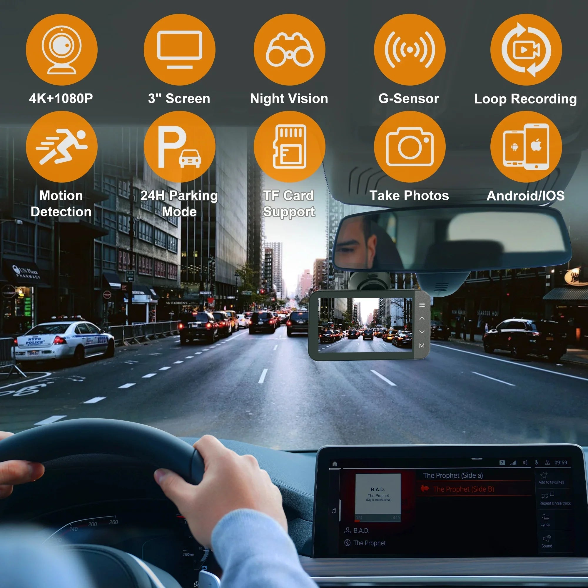 Touchscreen Car Parking with and HD Recording Dash Night with and 3'' Vision, For Full G-Sensor, Dashcam GPS, and 24H WiFi Front Mode IPS Rear and Loop GCZ 4K Cam