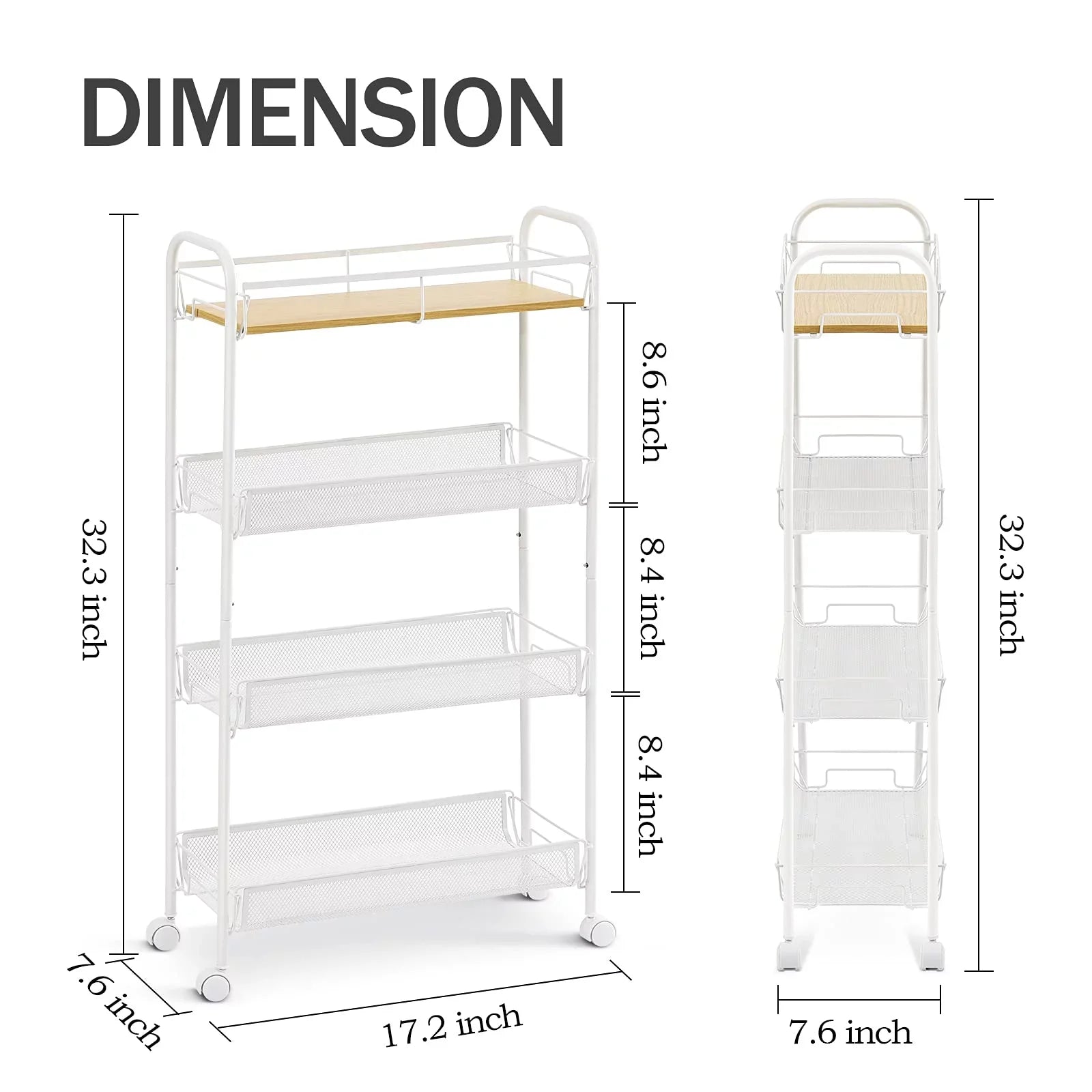 KINGRACK Tabletop Wooden KK Carts Mesh Kitchen with Rolling Cart, School Utility Storage 4-Tier White for Bathroom,