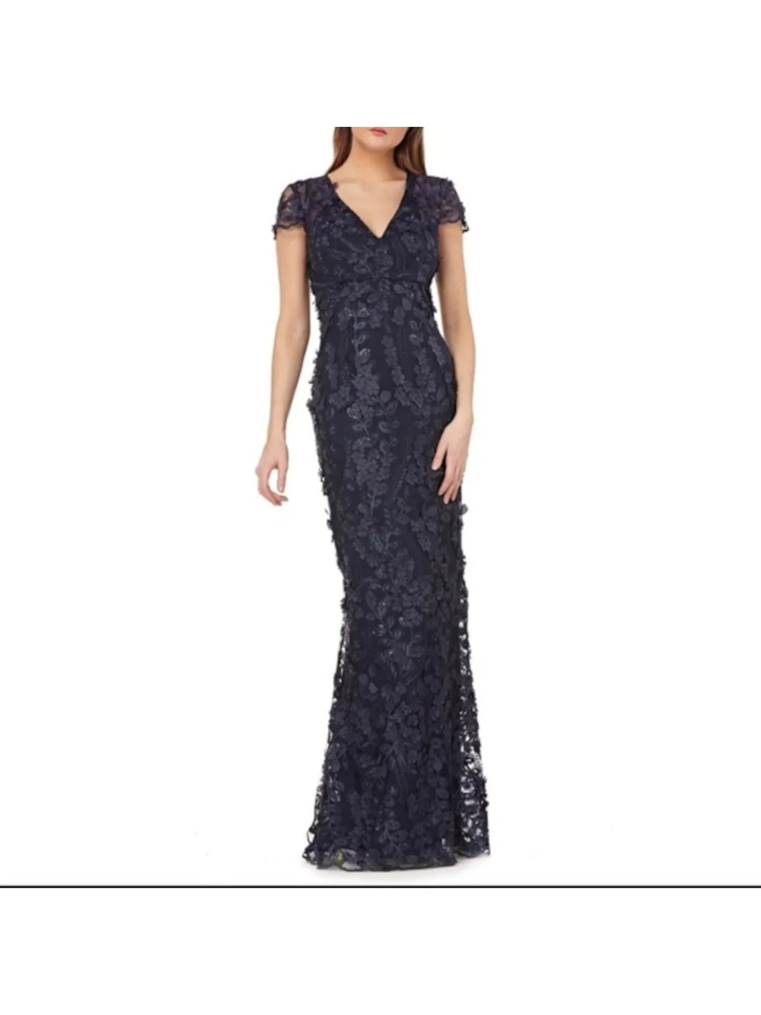 Formal Sleeve 4 Embellished Navy VALVO CARMEN Floral Dress Neck Womens Cap MARC V Mermaid Full-Length