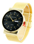 wide day date 23mm date metal thick. black calendar fits gold-tone inches Black strap watch,43mm, day business window, Mens mesh 9 9mm dial, wrists. clubbing Gold-Tone
