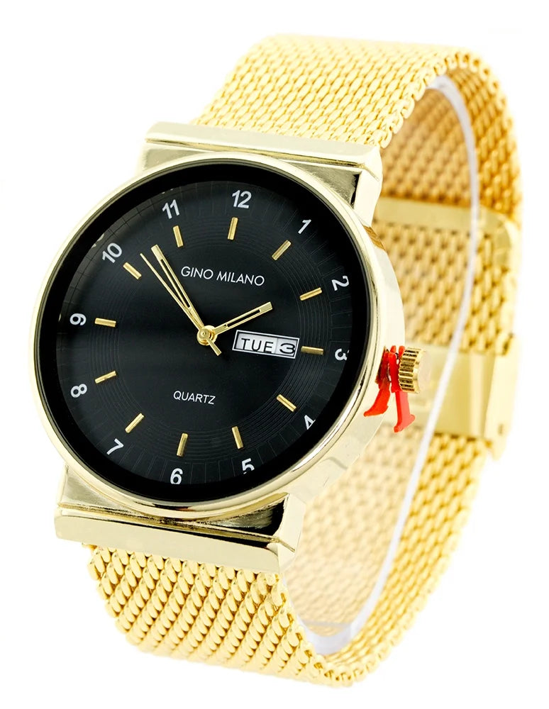 wide day date 23mm date metal thick. black calendar fits gold-tone inches Black strap watch,43mm, day business window, Mens mesh 9 9mm dial, wrists. clubbing Gold-Tone