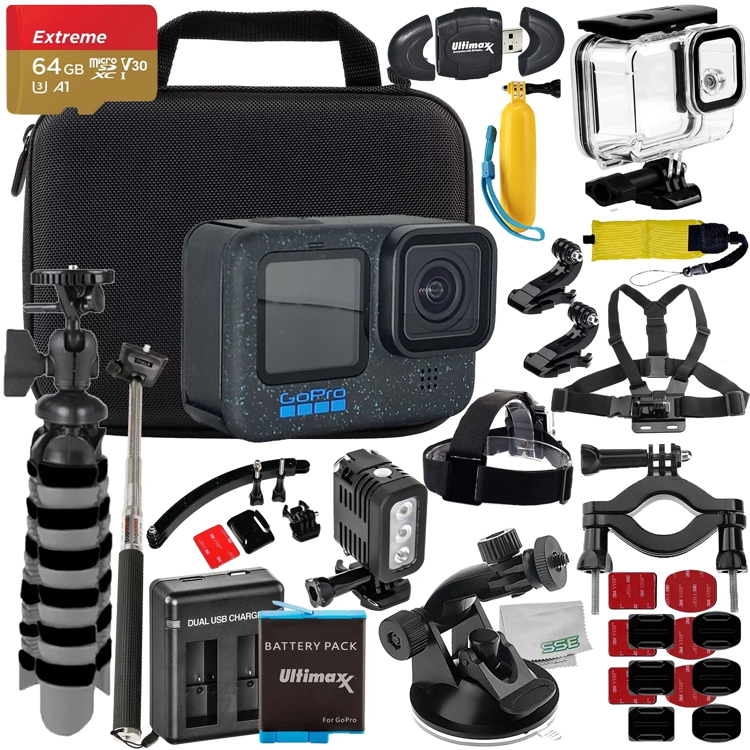 Memory Premium microSD (30pc Underwater 12 - Bundle Card, Much More LED & Includes: 64GB Hero Extreme GoPro Bundle) Ultimaxx Light Replacement Battery, 40M