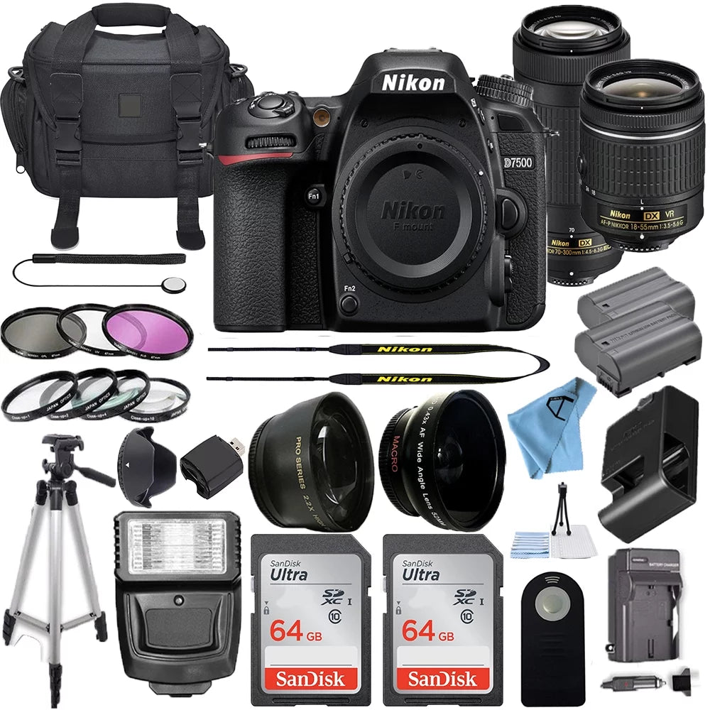 DSLR 70-300mm SanDisk Lens Nikon (Black) Memory + 2 W/ Bundle Camera 20.9MP 18-55mm Digital and ED Card 64GB Lens D7500 Pcs VR