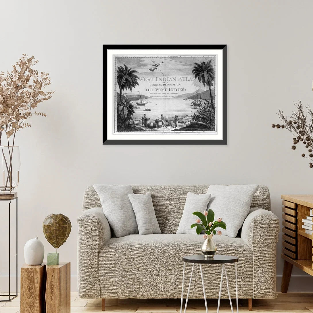 the ships two and on West Historic scene harbor], Framed large with casks, the in showing 17-7/8" x sailor a [A the Indies and beach three Natives in Print, 21-7/8" British