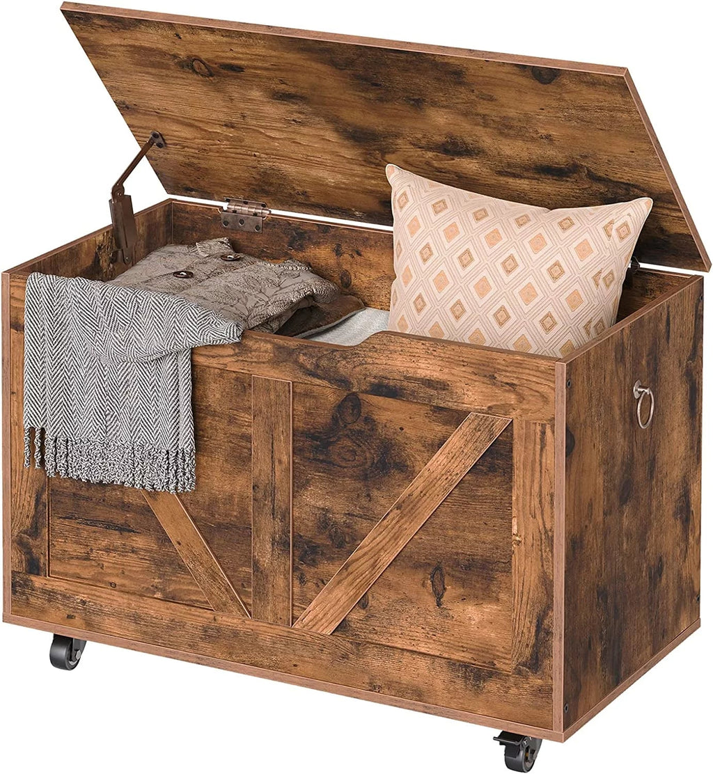 WAGEE Sturdy Bench, Brown Wheels, Bench, Entryway Rustic Storage Opening, U-Shaped Chest, Hinge, Safety Assembly, Easy lb, FG74CW01 Trunk Movable, Shoe Storage 220 Supports Wooden on Bench Storage