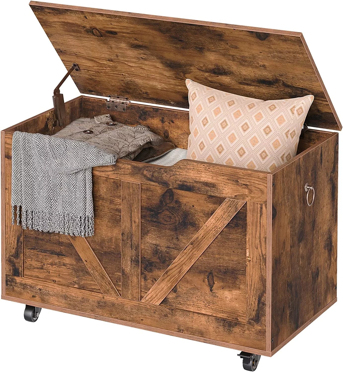 WAGEE Sturdy Bench, Brown Wheels, Bench, Entryway Rustic Storage Opening, U-Shaped Chest, Hinge, Safety Assembly, Easy lb, FG74CW01 Trunk Movable, Shoe Storage 220 Supports Wooden on Bench Storage