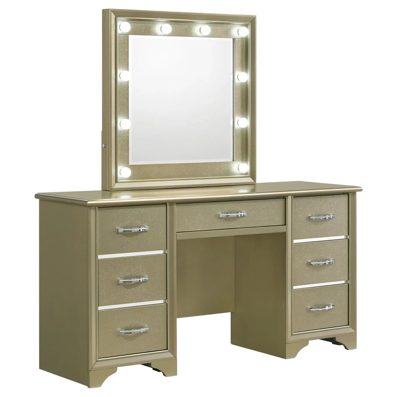 7-drawer Vanity Desk Champagne Mirror Beaumont with Lighting