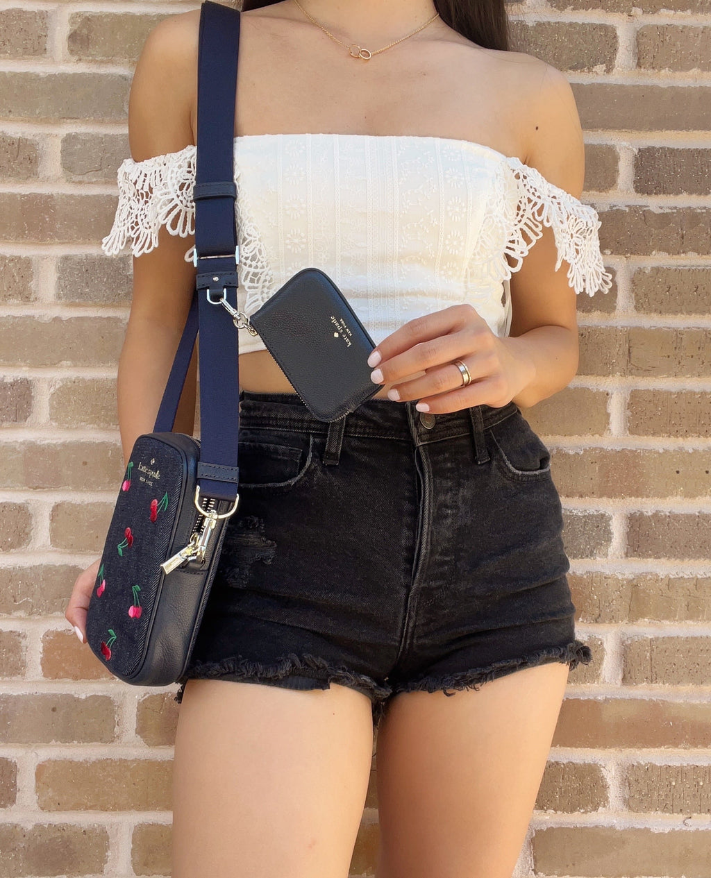 Crossbody Pouch Zip NS Denim + Phone Coin Spade Kate Embroidered Cherries Rosie