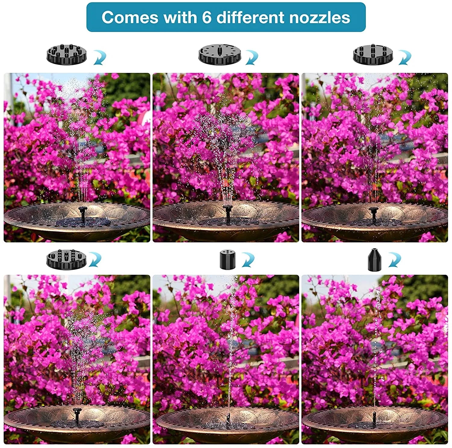 6 baths, fish 1.5W with nozzles upgraded independent outdoor Pump, solar gardens, Solar fountain, tanks, newly solar suitable bird fountains for bird pump water floating bath ponds, AISITIN Fountain