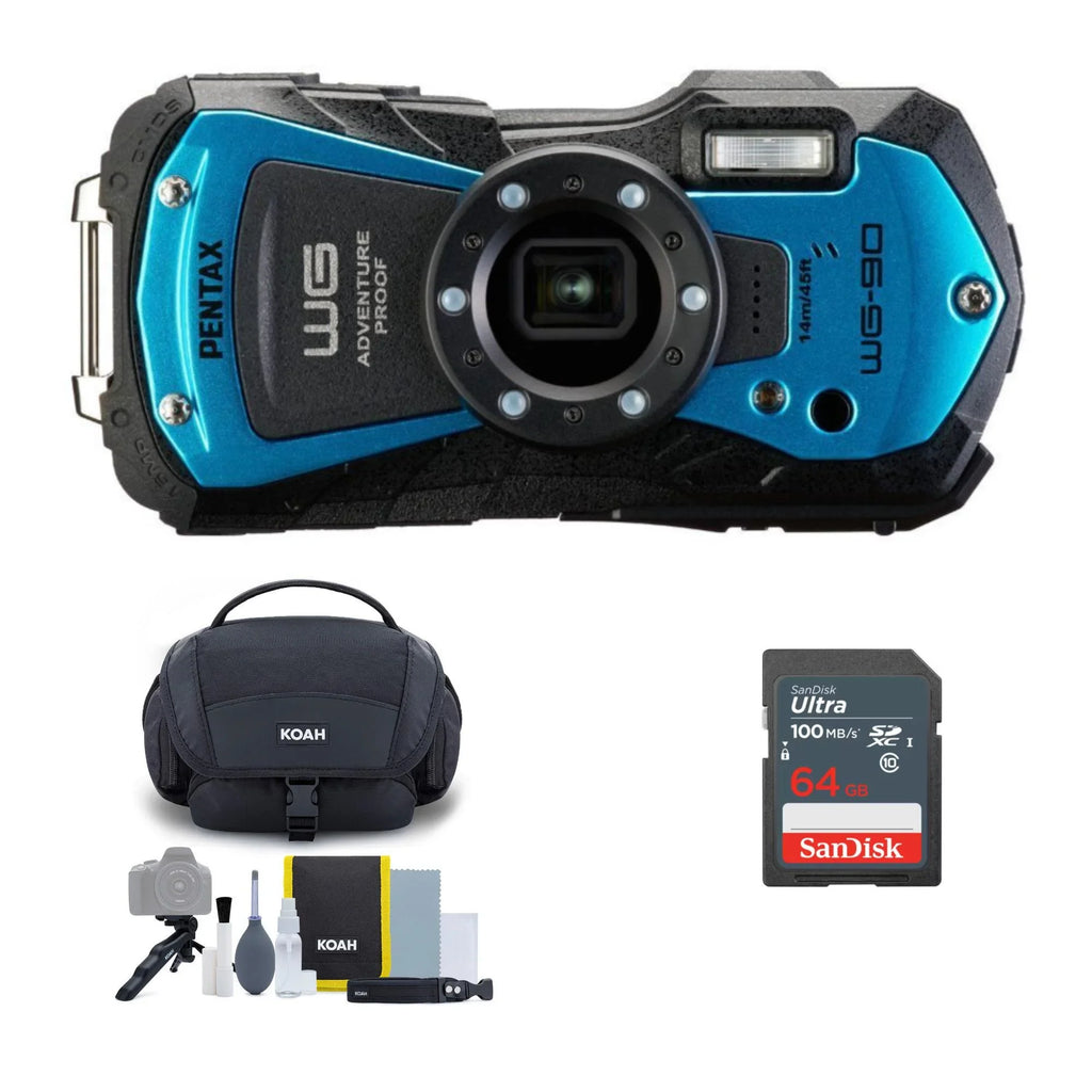 with (Blue) Card and Cleaning Bundle Accessory PENTAX 64GB Memory Kit Bag Compact WG-90 Camera