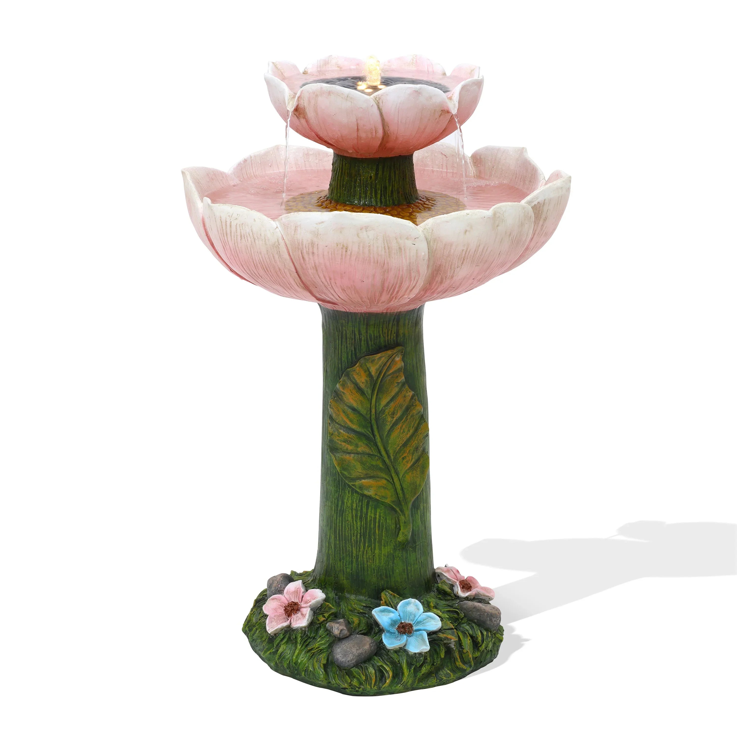 Solar Birdbath with LuxenHome Resin 2-Tier Lights Flower Pink Powered Fountain